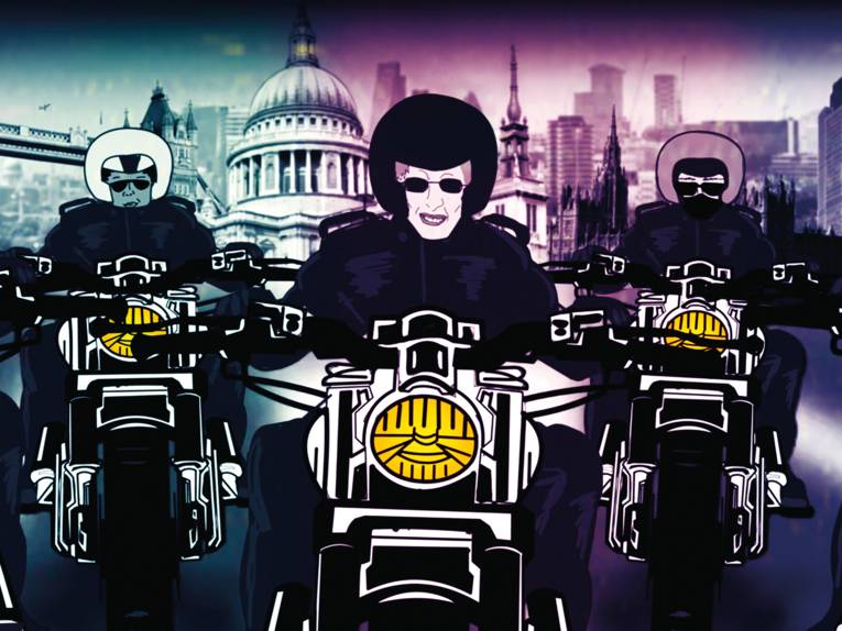 Auf dem Bild sitzen drei gezeichnete Figuren auf Motorrädern, sie tragen allesamt Sonnenbrillen. Im Hintergrund sieht man ein Stadtbild.